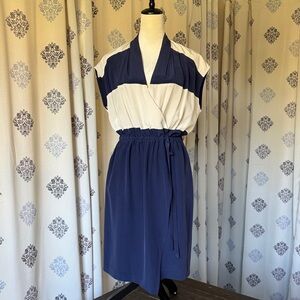 Navy and Cream Faux Wrap Dress